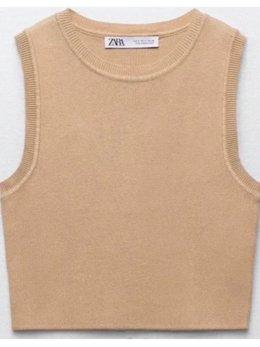 Zara Sleeveless Crew Neck Knit Top in Beige - Picture 1 of 10